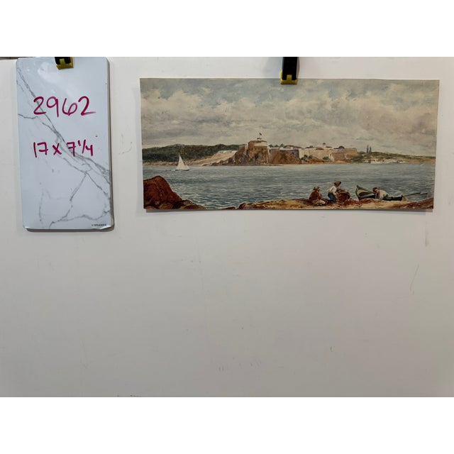 Paint Early 20th Century Frank Henry Mason Signed Original Watercolor Coastal Fortress Sailboat Figures Seascape For Sale - Image 7 of 7