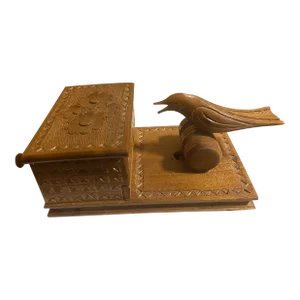 Mid 20th Century Wood Cigarette Dispenser Box With Mechanical Bird