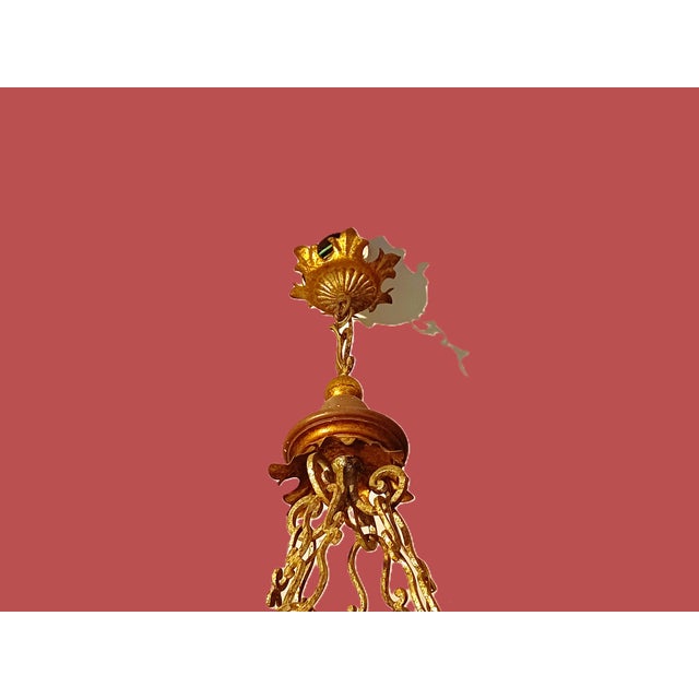 Wooden and Brass Six-Armed Chandeliers, 1920s, Set of 2 For Sale - Image 4 of 8