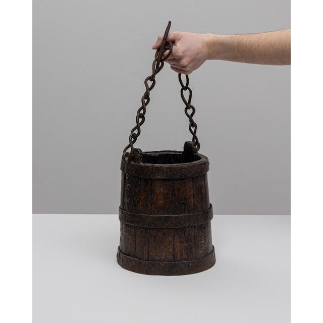 1800s French Primitive Wooden Bucket With Chain For Sale - Image 11 of 18