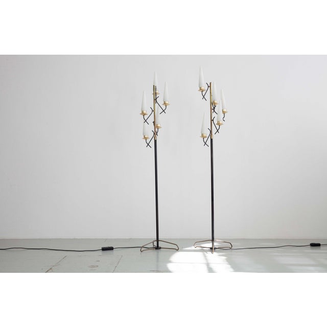 Elegant pair of Italian floor lamps from the 1950s. Each lamp has five swiveling arms made of polished brass with opal...