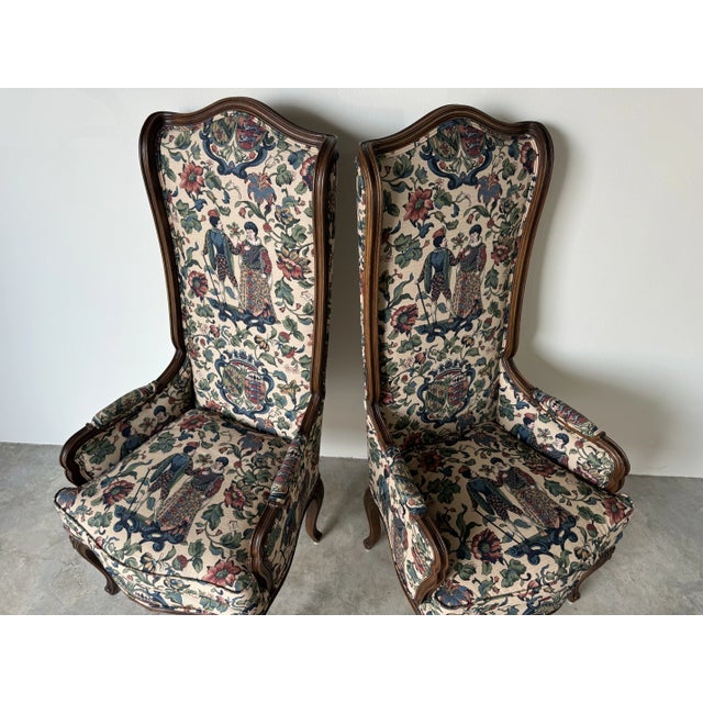Wood Vintage Hollywood Regency Louis XV-Style High-Back Carved Wood Accent Chairs - A Pair/Sold For Sale - Image 7 of 12