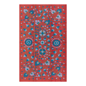 4.4x7 Ft Central Asian Suzani Textile Wall Hanging. Embroidered Cotton & Silk Bed Cover