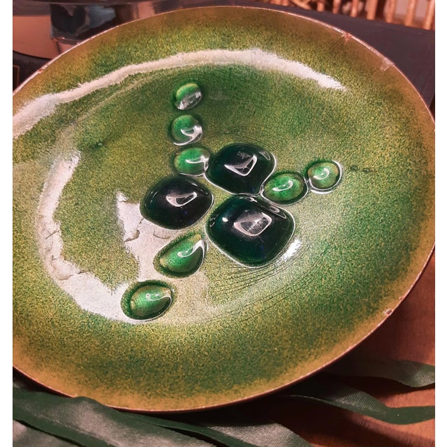 Copper on Enamel Green Plate Dish Signed For Sale In Fayetteville, AR - Image 6 of 12