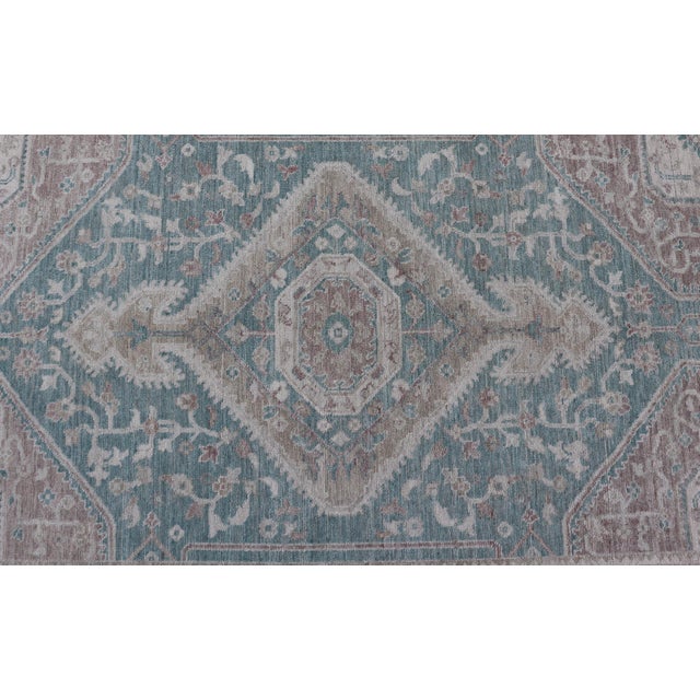 Modern Oushak Rug With Soft Teal Base and Accents of Tan and Ivory 5'2 X 8'0 For Sale In Atlanta - Image 6 of 12