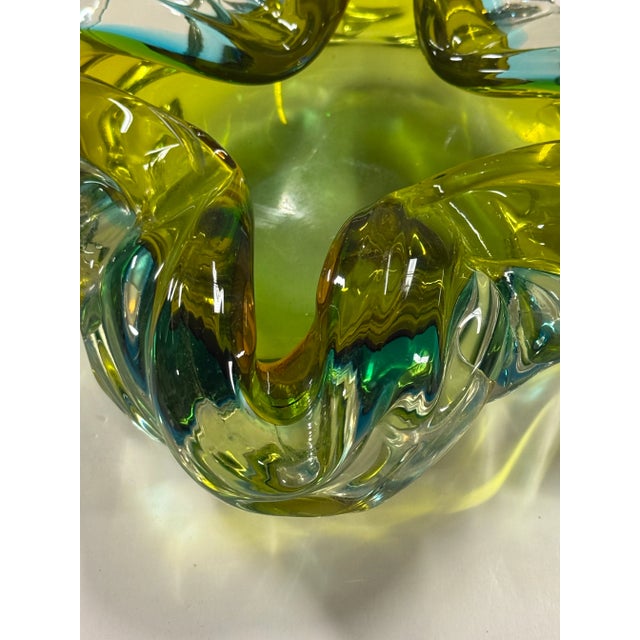 Murano Style Hand Blown Green With Blue Ashtray For Sale - Image 4 of 12
