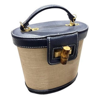 1960s Vintage Blue Leather Bamboo and Brass Italian Top Handle Bag For Sale