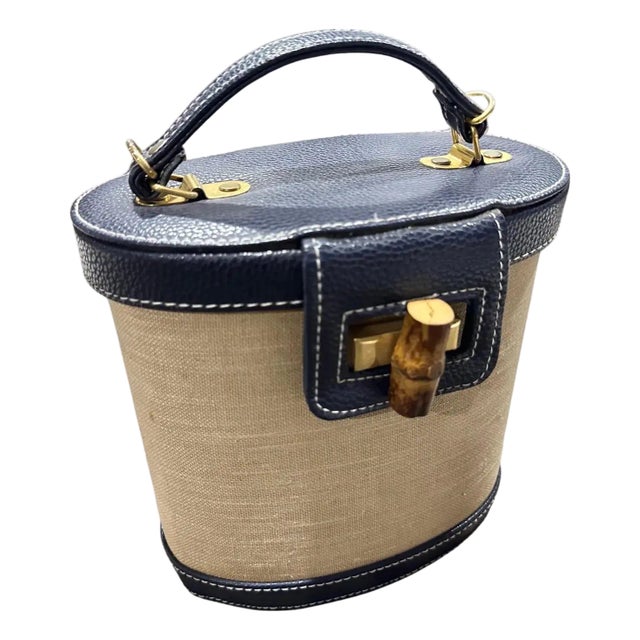 1960s Vintage Blue Leather Bamboo and Brass Italian Top Handle Bag For Sale