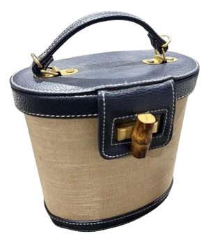 1960s Vintage Blue Leather Bamboo and Brass Italian Top Handle Bag