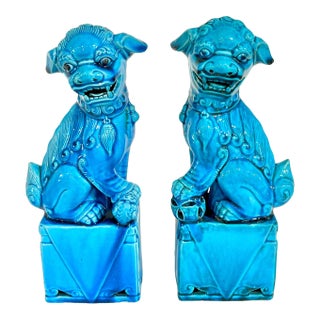 Mid 20th Century Pair of Vintage Larger Size Turquoise Blue Chinese Foo Dogs For Sale