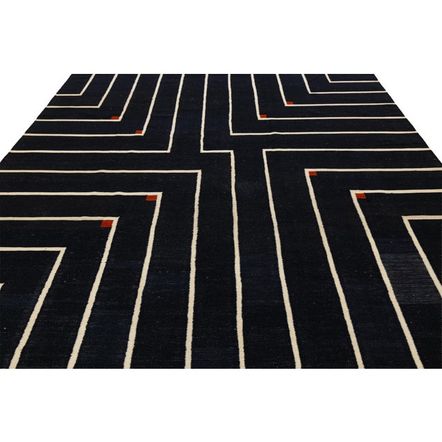 Textile Modern Geometric Kilim Wool Rug With Architectural Line Art & Crimson Accents For Sale - Image 7 of 12