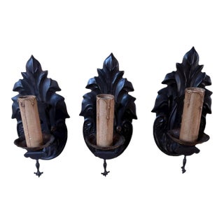 Set of Three Forged Iron and Brass Wall Sconces Circa 1910 For Sale