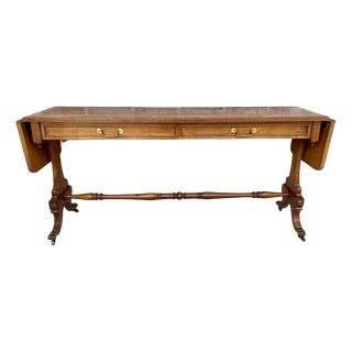 Mid-20th Century Winged Console Table in Walnut with Claw Feet in Bronze with Two Drawers and Wheels For Sale