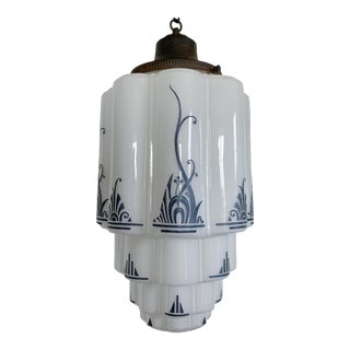 Vintage 1930s Art Deco Stenciled Skyscraper Light Pendant For Sale