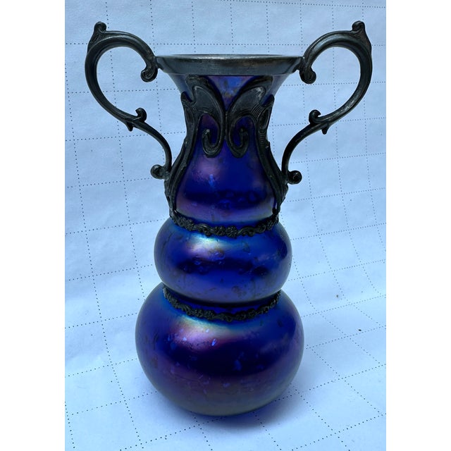 Art Nouveau Bohemian Jugendstil Silver Inclusions Glass Vase For Sale - Image 4 of 9