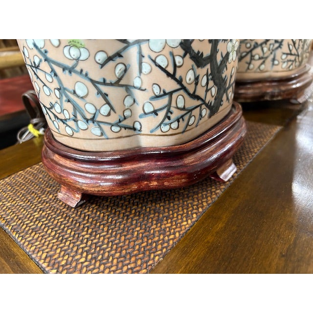 Pink Vintage Pink Porcelain Cherry Blossom Lamps, a Pair For Sale - Image 8 of 11