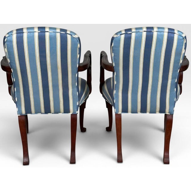 Pair of Vintage Upholstered Queen Anne Style Striped Armchairs With Shell Carving For Sale - Image 4 of 17