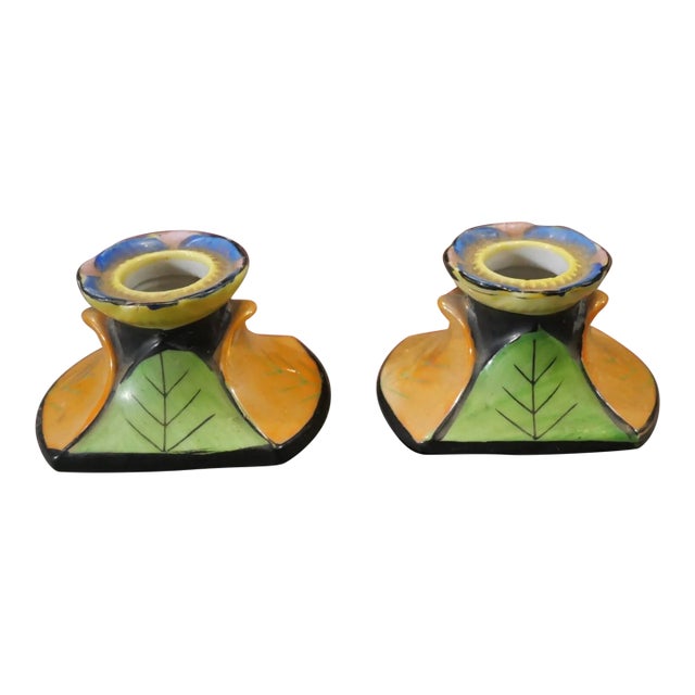 1930’s Japanese Art Deco Lustreware Porcelain Hand-Painted Leaf Motifs Candlesticks (Showa Period) - A Pair For Sale