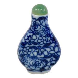 Vintage Blue and White Floral Chinese Snuff Bottle With Green Stone Top