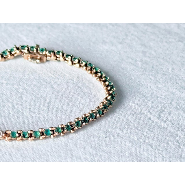 Vintage 14k Yellow Gold Natural Emerald & Diamond Tennis Bracelet For Sale - Image 13 of 15