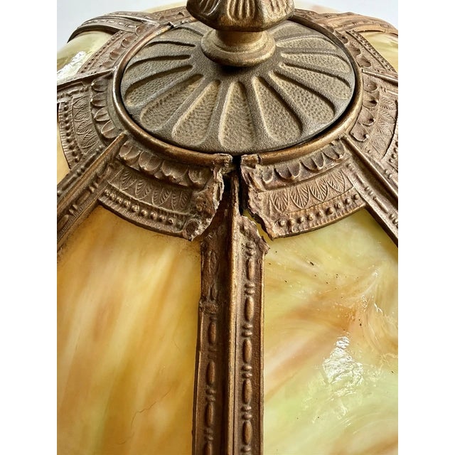 Antique Art Nouveau 8 Panel Slag Glass Lamp With Desert Scene Palm Trees, for Repair For Sale - Image 13 of 18