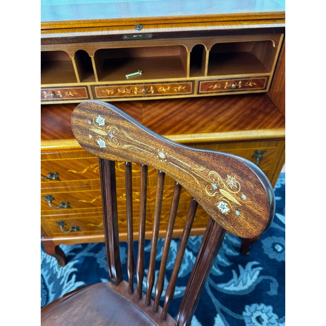 Brown 1970s Traditional Roll-Top Secretary Desk With Mother-of-Pearl Inlay Chair For Sale - Image 8 of 12