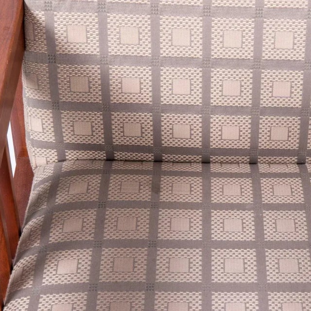 Late 20th Century Art & Craft Mission Style Mahogany Arm Chairs Upholstered in Grey Fabric - a Pair For Sale - Image 5 of 7