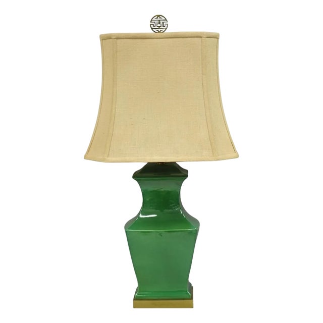 Vintage Paul Hanson Chinoiserie Green Porcelain Jardiniere Oriental Table Lamp For Sale