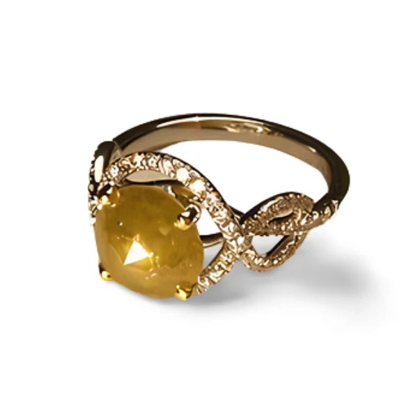 Exquisite 18K White Gold Engagement Ring featuring a 9 mm natural round yellow diamond center stone, surrounded by 64...