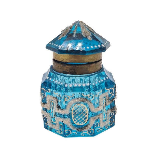 Antique Art Deco French Inkwell in Blue Faceted Glass, 1920 For Sale - Image 10 of 10