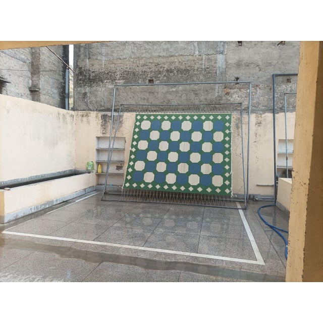 Sky Blue Handmade Woolen Flat Weave Swedish Pattern Blue, Cream and Moss Green Area Tile Rug - 8'x10' For Sale - Image 8 of 13