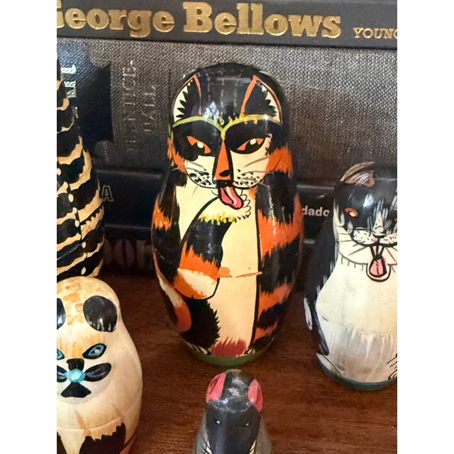 Late 20th Century Hand-Painted Folk Art Cat and Mouse Nesting Dolls - Set of 5 For Sale - Image 5 of 11