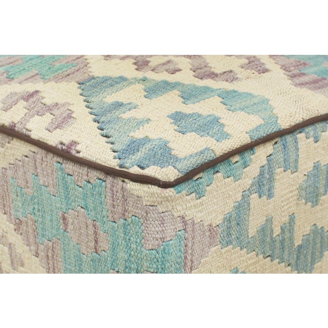 Rustic Beige/Teal Handmade Kilim Upholstered Ottoman For Sale - Image 4 of 8
