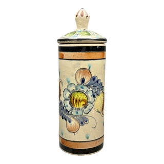 Vintage Cat Tonalá Mexico Hand Painted Floral Ceramic Lidded Canister For Sale