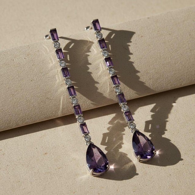 Not Yet Made - Made To Order Amethyst Long Drop Earrings, Silver, Gold, Pair For Sale - Image 5 of 7