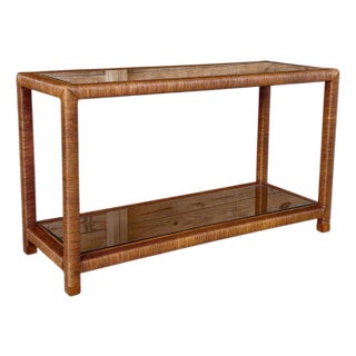 Modern Coastal Rattan Wrapped Two-Tier Console Table With Glass Shelves For Sale