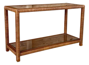 Modern Coastal Rattan Wrapped Two-Tier Console Table With Glass Shelves