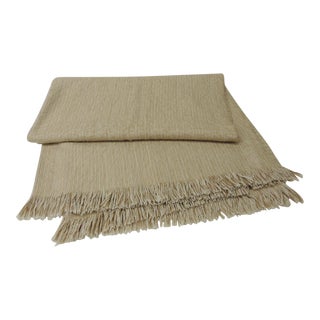 Vintage Large Ecru Tone-on-tone Woven Throw with Small Fringes For Sale