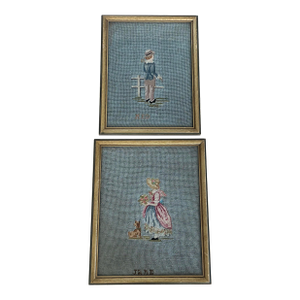 Pair Antique Framed Needlepoints "Ned" and "Jane"