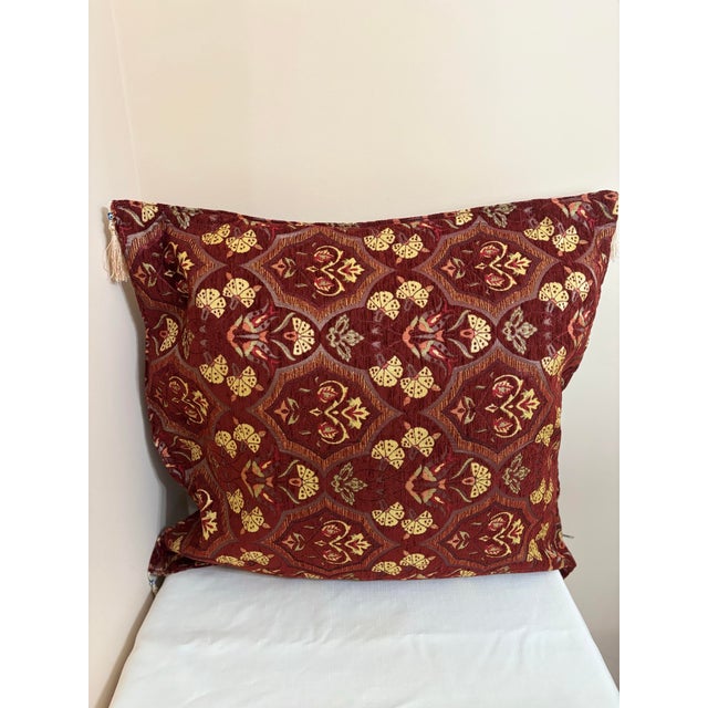 Authentic kilim patterned pillow cover -Burgundy fabric made from multi-layered fiber yarn and velvet, offering rich flaky...
