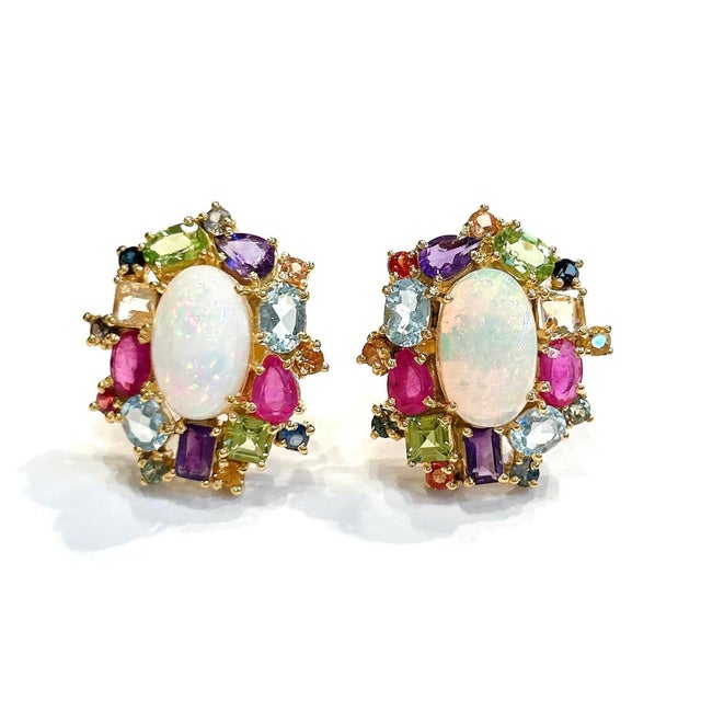 Bochic “Orient” Retro Opal, Ruby & Sapphire Earrings Set In 18K Gold & Sapphire, 2 pieces For Sale - Image 4 of 11