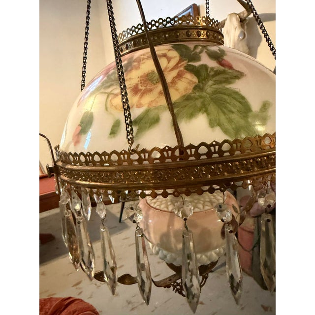 Antique Victorian Floral Painted Glass & Brass Hanging Chandelier With Crystal Prisms For Sale - Image 12 of 16