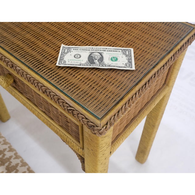 Mid Century Modern Wicker Glass Top Consoel Table w/ Pair of Matching Benches For Sale - Image 10 of 18