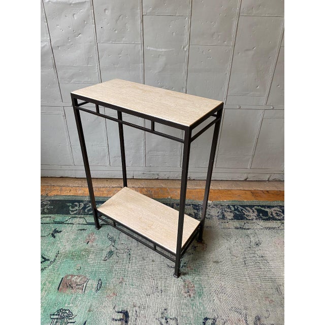 Custom Bronze Iron Console Table With Travertine Shelves For Sale - Image 4 of 12