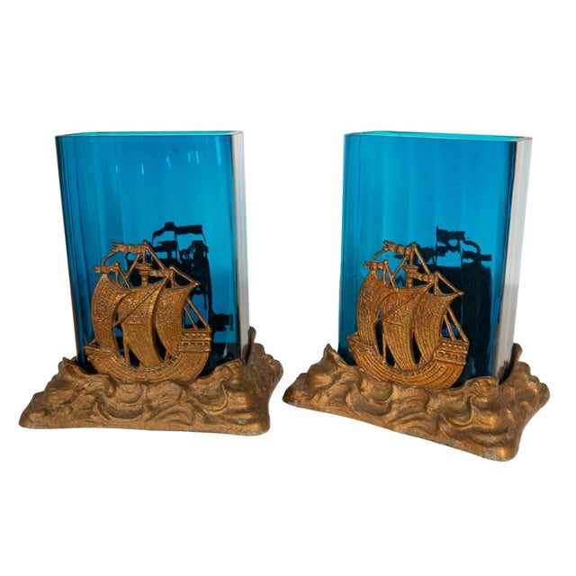 Antique American Art Deco Brass Glass Vases Ship Bookends Bradley & Hubbard 1925 For Sale In Portland, OR - Image 6 of 13