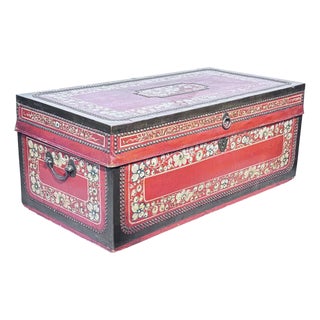 19th Century Chinese Export Red Leather Camphor Wood Trunk For Sale