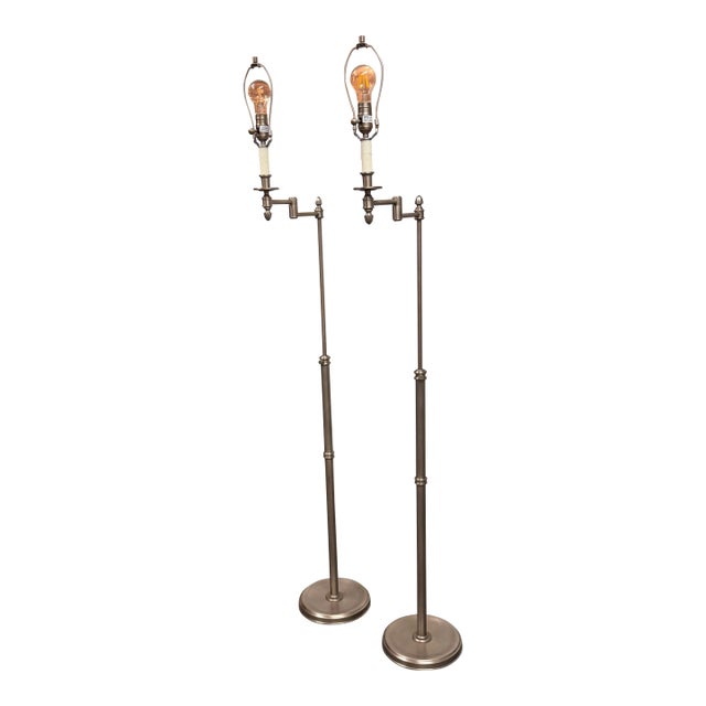 Transitional Brushed Nickel Swing Arm Floor Lamps, Pair For Sale
