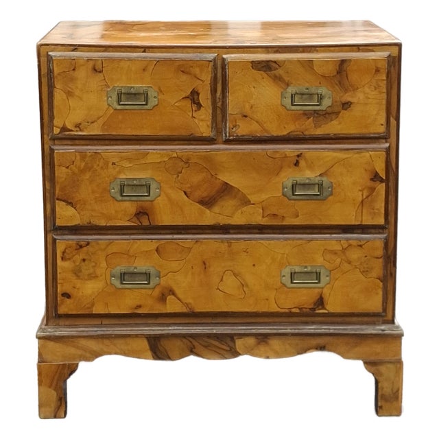 Mid 20th Century Burl Olivewood Italian Campaign Style Petite Four-Drawer Chest For Sale