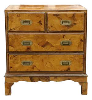 Mid 20th Century Burl Olivewood Italian Campaign Style Petite Four-Drawer Chest