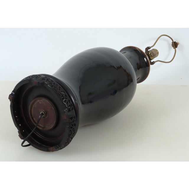 Black Chinese Late Qing Mirror Black Monochrome Porcelain Baluster Vase Mounted as a Table Lamp For Sale - Image 8 of 8